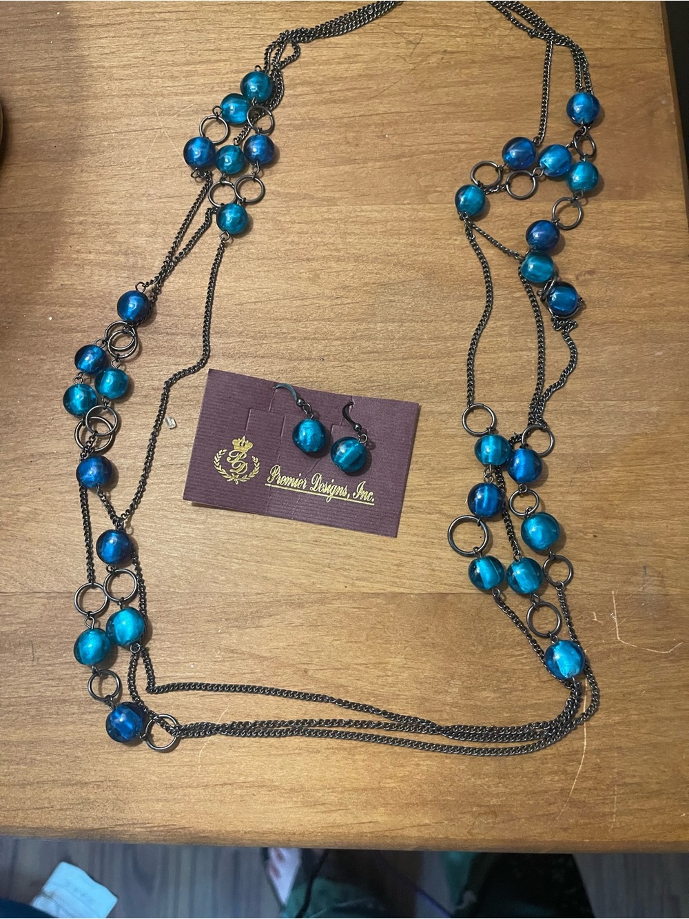 Premier Designs Blue Teal Multi-Strand Beaded Necklace with Matching Earrings